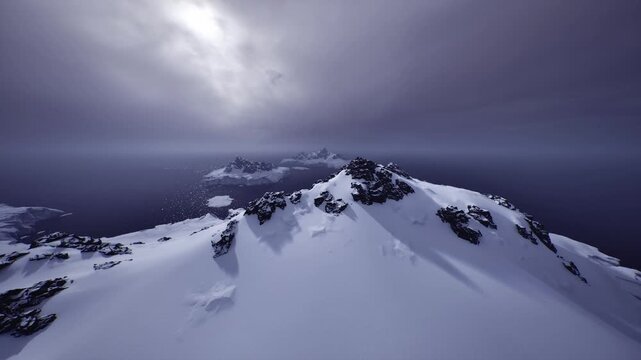 high vantage topographic view of snowy coastline for mapping, clear ridge contours and elevation contrasts offer precise cartographic reference for analysis