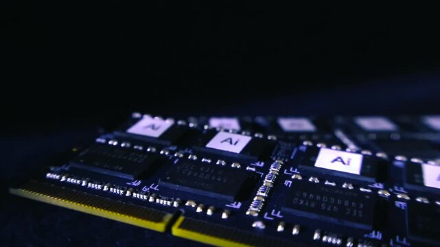 Black circuit board with AI labeled microchips on a dark background. Concept of artificial intelligence, machine learning, deep learning, big data, and futuristic technology revolution