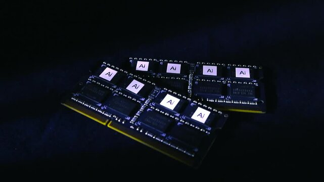 Modern AI processor chips on computer RAM modules, representing the fusion of hardware and artificial intelligence technology for advanced computing and machine learning on a dark background