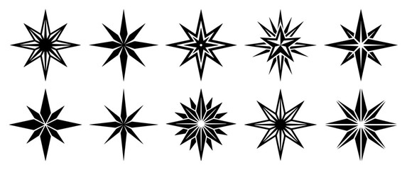 Fototapeta premium Compass star icons set with retro sparkle polar star symbols in minimalist style