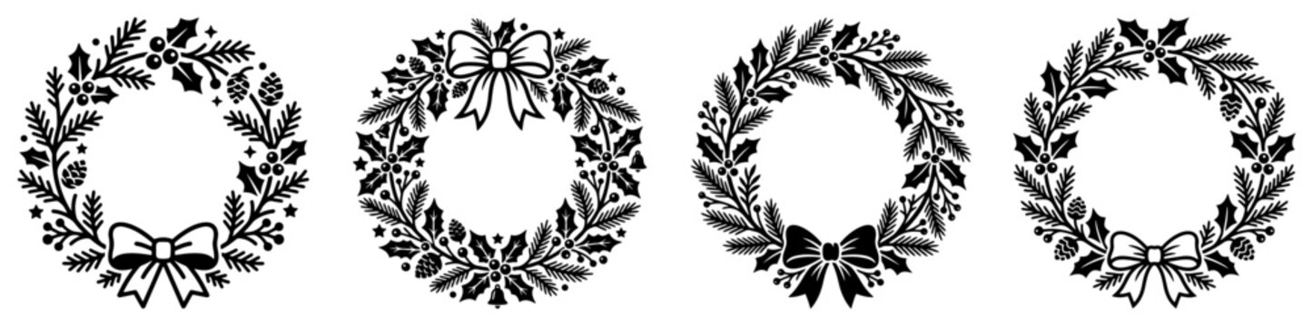 Christmas wreaths set of four circular pine branch decorations with ribbons and bows