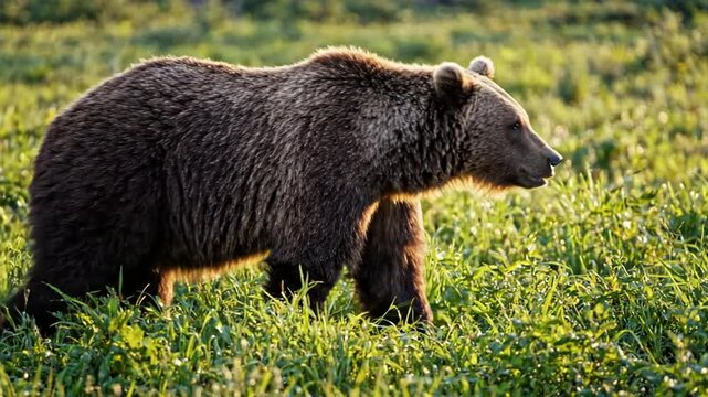 Brown bear walking through lush green meadow in golden hour sunlight grizzly ursus arctos wildlife nature