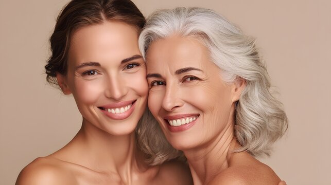 Close-Up Studio Beauty Portrait of Two Women of Different Generations. Radiant Senior Mother and Adult Daughter Smiling Together. Concept of Aging Gracefully and Skincare.