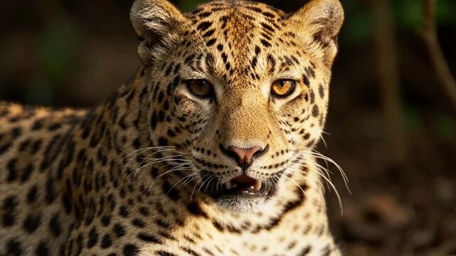 Leopard portrait: close-up cinematic gaze of a wild big cat in natural habitat panthera pardus wild animal
