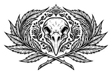 Fototapeta premium Bird skull emblem with crossed leaves and botanical vintage flowers in detailed tattoo style