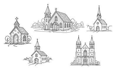 Obraz premium christian churches and cathedrals set in rustic architectural sketch style