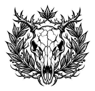 Deer skull with antlers framed by a circular wreath of leaves in detailed engraving style