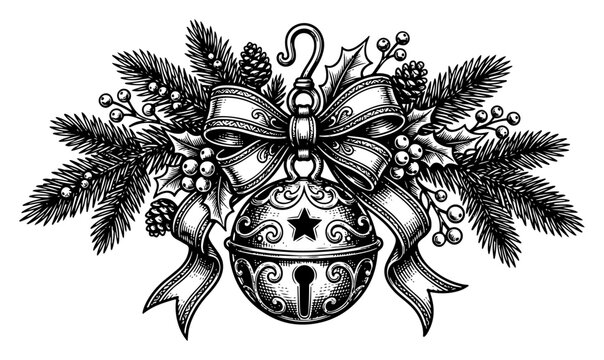 christmas jingle bell ornament with pine branches and ribbon bow in vintage engraving style