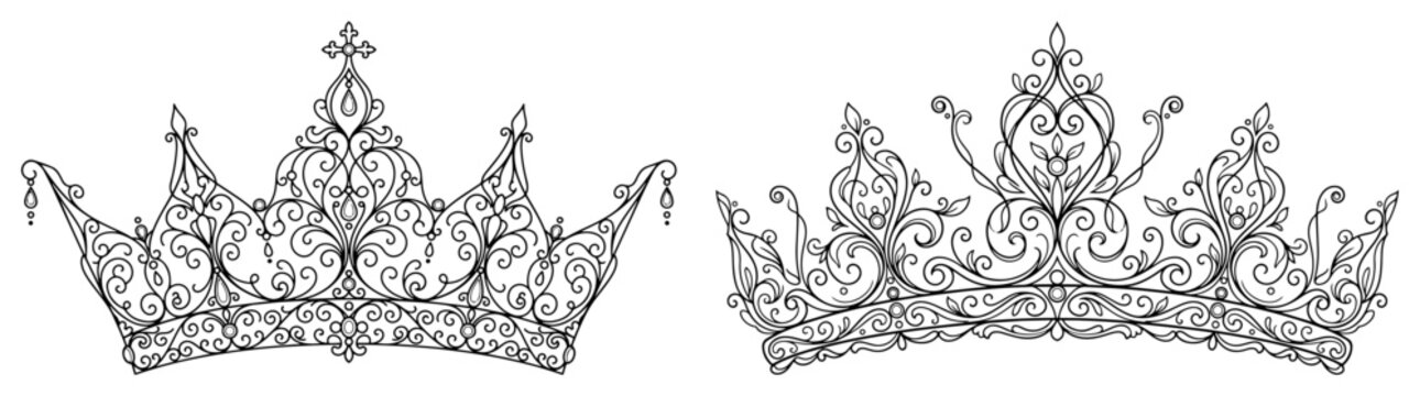 ornate filigree tiaras set with detailed floral curls in baroque line art style