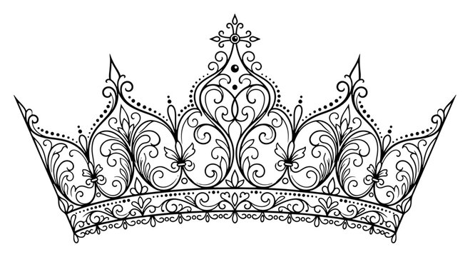 filigree royal crown with ornate floral scrolls in elegant medieval line art style