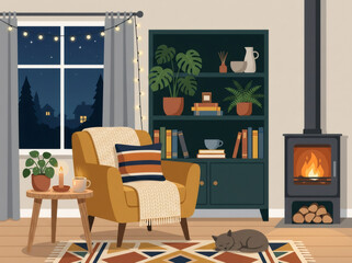 Fototapeta premium Scandinavian Hygge Interior Illustration with Cozy Nordic Living Room Design