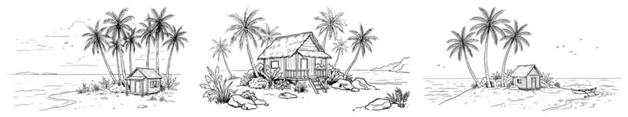 Tropical island beach scenes with palm trees and wooden huts hand drawn sketch style © Cristiano