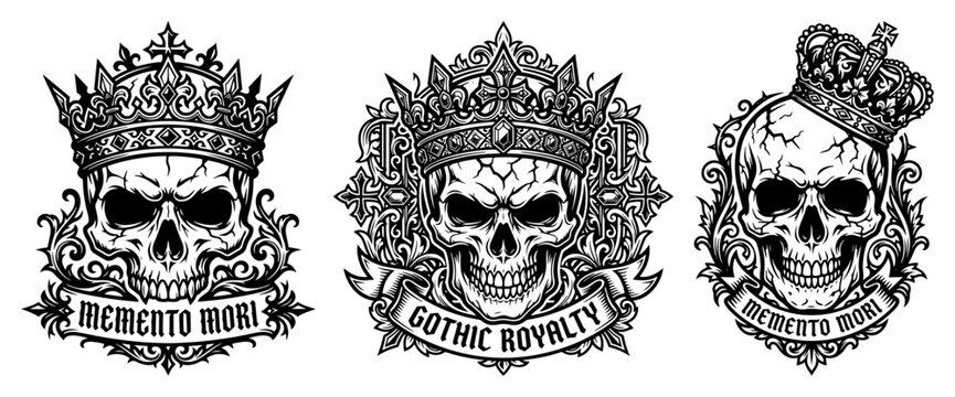 Crowned skulls emblem set with gothic memento mori ribbons in detailed tattoo style