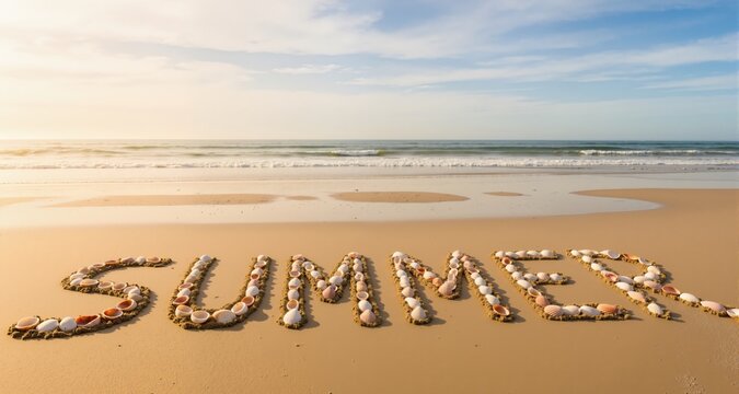 Beach scene with 'SUN' and 'SUMMER' spelled out in sand with shells.
