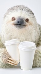 Fototapeta premium White sloth holding two paper cups on neutral background