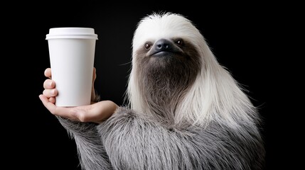 Fototapeta premium Sloth presenting coffee cup on dark studio backdrop
