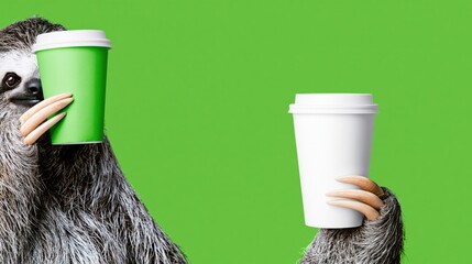 Fototapeta premium Sloth holding two takeaway cups on green studio background