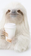 Fototapeta premium Sloth holding takeaway coffee cup on white studio background