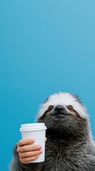 Fototapeta premium Sloth presenting coffee cup against blue studio background