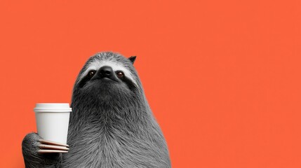Fototapeta premium Sloth holding coffee cup against orange background