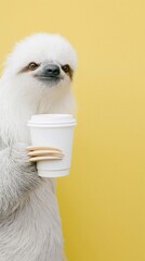 Fototapeta premium Sloth holding coffee cup against yellow studio background