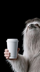 Fototapeta premium Sloth holding disposable coffee cup on black background