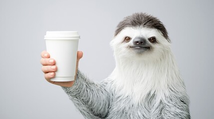 Fototapeta premium Sloth presenting coffee cup against neutral gray background