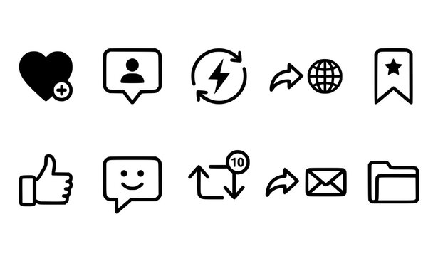 Modern social media post engagement icon set with like comment share repost and save symbols for mobile app UI.