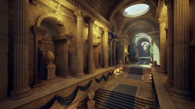 solemn ceremonial hall with vaulted ceiling and procession carpet, pilgrim approach to sunlit sanctuary, torchlit niches, carved reliefs and reverent silence