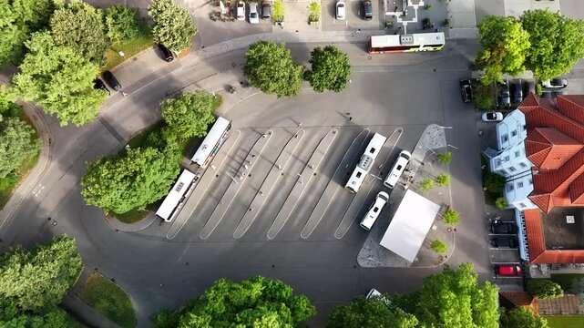 Top down aerial view of Wangen im Allg&auml;u bus terminal and train station