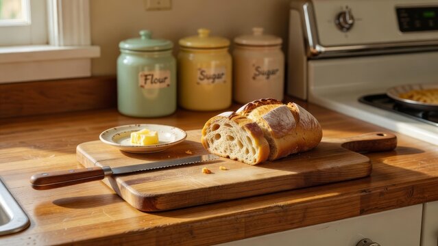 Retro kitchen breadboard with sliced bread and jars on warm wooden counter scene