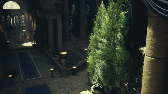 moody twilight colonnade with deep shadows and tall cypress, dramatic dusk light carving silhouette of arches, storyteller imagining legends in secluded