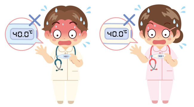 男女看護師ペアが体温40度の高熱結果に驚く検温イラスト素材 / Nurse couple surprised by 40&deg;C high fever reading, flat illustration