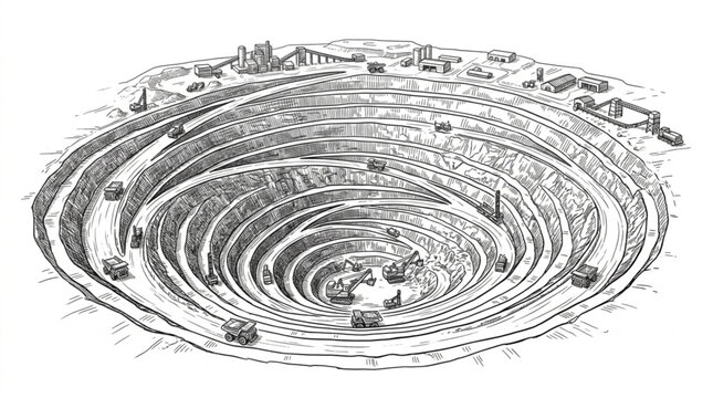 Detailed illustration of a large open pit mine with concentric circles and structures.