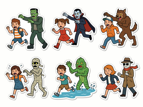 Collection of cartoon kids running from monsters set
