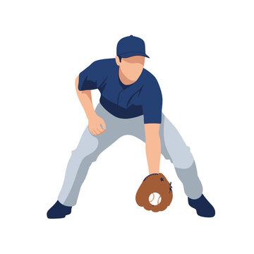 Vector illustration of a professional baseball infielder in an athletic stance fielding a ground ball on a dirt diamond. The player wears a team uniform and uses a leather mitt.