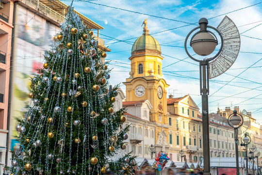 Large Christmas tree illuminated with festive lights in the center of Rijeka, Croatia, with the city&rsquo;s Clock Tower and Advent decorations in the background