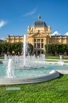 Vertical view of Trg Kralja Tomislava. Art Pavilion with decorative fountain in Zagreb, Croatia
