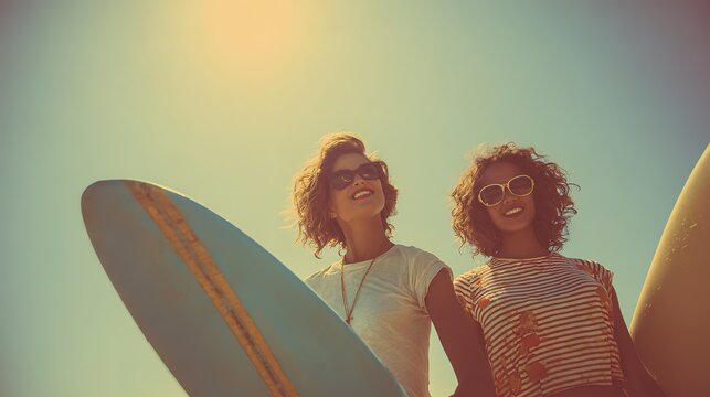 Two young women enjoying surf day under sunny sky with surfboards