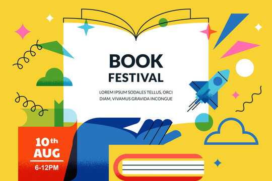 Book festival banner poster template. Big open book vector flat geometric illustration. Learning and education concept