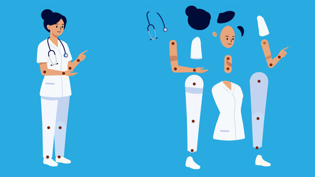 Professional nurse character creation kit featuring separated body parts for animation, rigging, healthcare apps, medical explainer videos, games, and educational design projects.