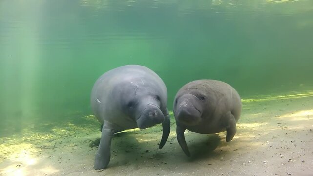 Gentle manatees swim gracefully in clear, sunlit shallow water near sandy bottom