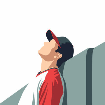 Professional baseball outfielder wearing sports uniform and cap leaning against a stadium wall or outfield fence during a break or waiting for a play in a sports facility.