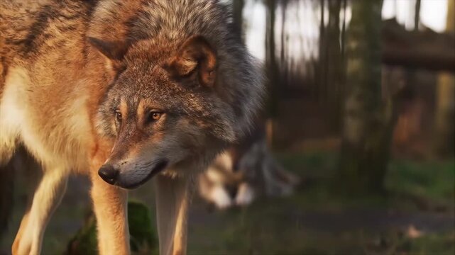 Majestic wolf walks through a sunlit forest during golden hour