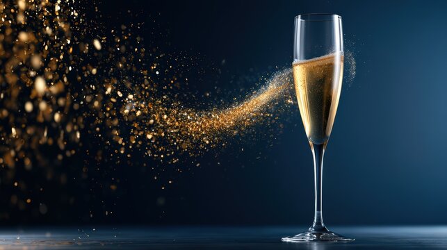 Elegant Champagne Flute with Golden Glitter on Dark Background