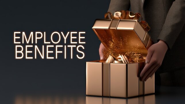 Employee Benefits Text with Hands Opening Golden Gift Box