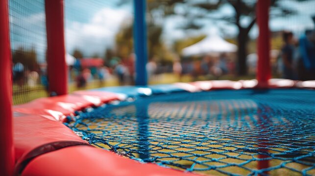 Colorful round playground trampoline with safety net. AI generated image