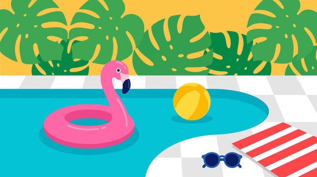 A summer scene with a pink flamingo floatie in a pool surrounded by tropical leaves and a beach ball near sunglasses and a striped towel on a sunny day outdoor.