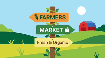 A vibrant farmers market scene unfolds under a sunny sky with rolling hills and a red barn in the background. © Fendi