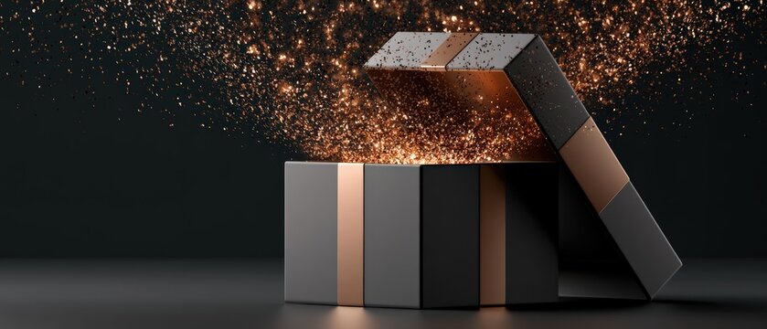 Luxury Gift Box Opening with Golden Glitter Explosion on Dark